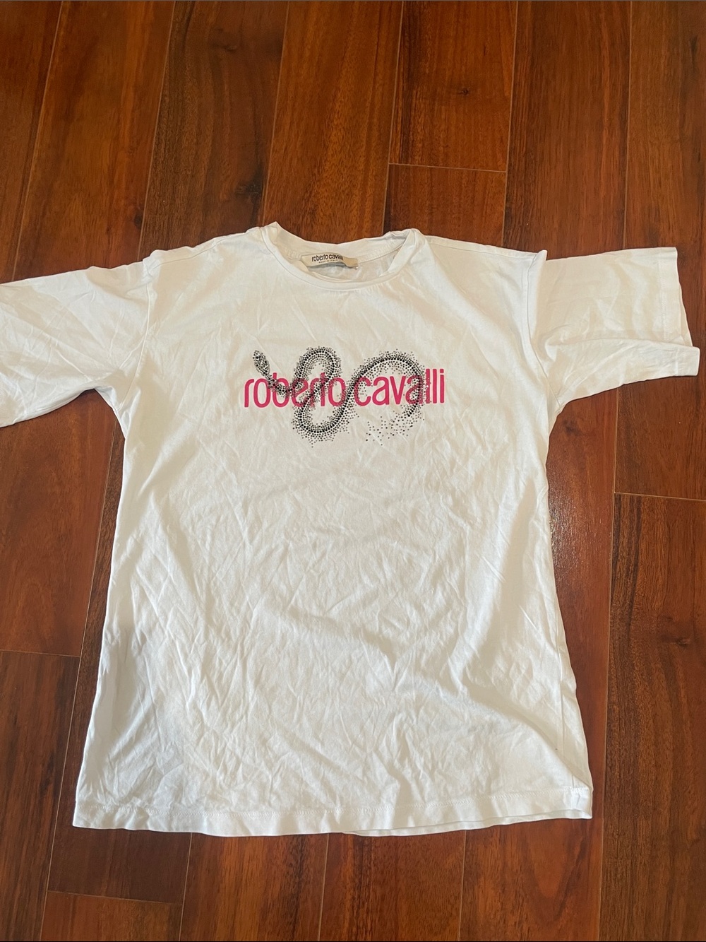 Roberto Cavalli Women’s White Short Speeve Tee with Pink & Black Sparkle Size S
